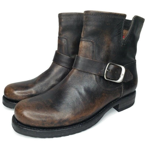 Frye Veronica Short Distressed Brown Leather Moto Boots Size 7.5 Excellent - Picture 1 of 14